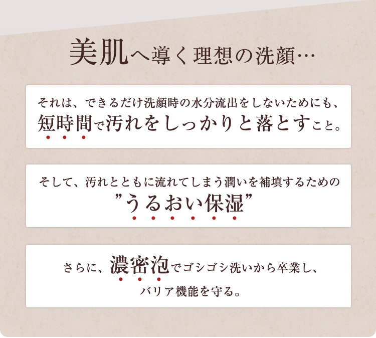美肌へ導く理想の洗顔・・・それは、できるだけ洗顔時の水分流出をしないためにも、短時間で汚れをしっかりと落とすこと。