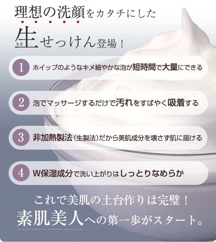 理想の洗顔をカタチにした生せっけん登場！これで美肌の土台作りは完璧！素肌美人の第一歩のスタート。
